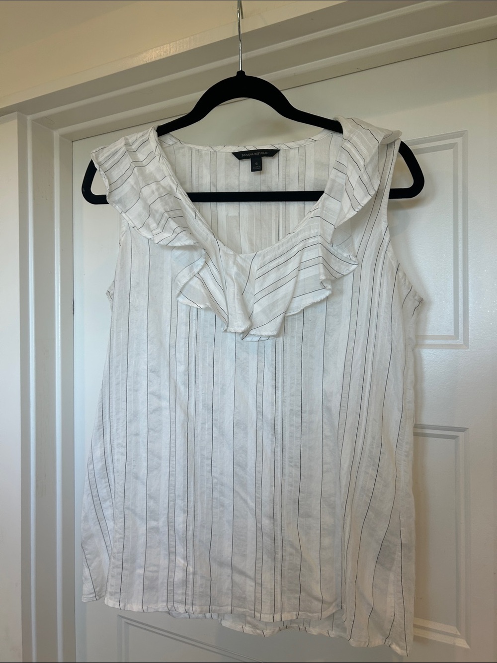 Banana Republic White Vertical Stripe Ruffle V-Neck Camisole